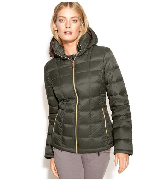 hooded long packable down puffer coat michael kors green|Michael Kors ultra lightweight down.